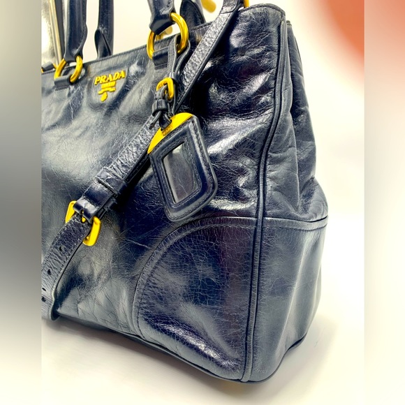 Prada Navy Blue Vitello Shine Medium 2way Shopping Tote Bag Preloved Purse - Picture 7 of 16